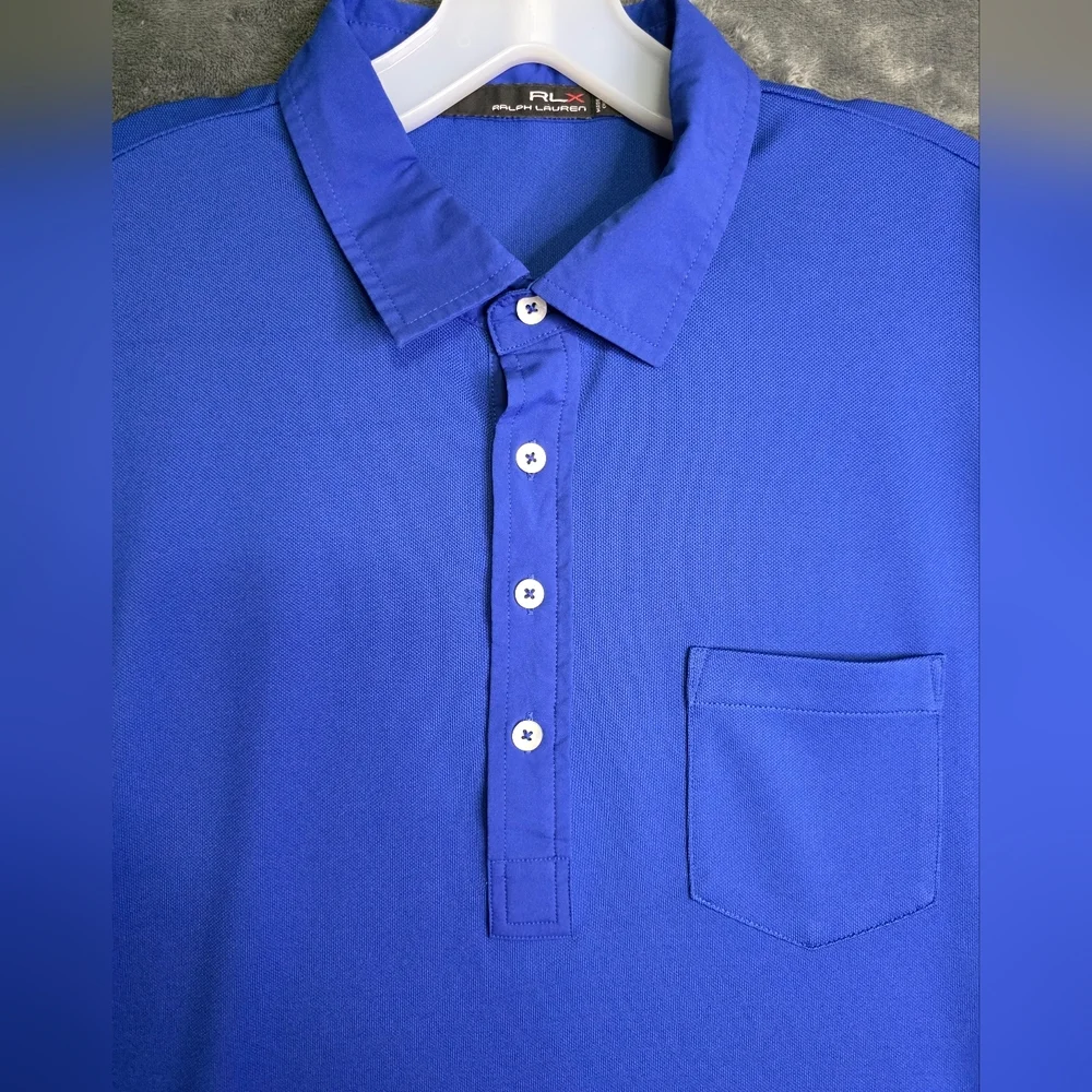 RLX Polo Shirt Men Large Blue Ralph Lauren Stretch Polyester Short Sleeve Pocket